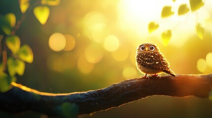 Obraz premium Small owl perched on leafy branch beneath shining sun in background tree