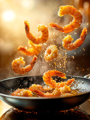 Golden Shrimp Tossed in a Hot Frying Pan with Steam and Spices