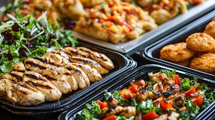A catering service focusing on health-conscious meals like grilled chicken and fresh salads compared to a fast food section with greasy foods.