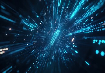 Fototapeta premium Stunning Abstract Background of Bright Blue Light Rays and Digital Particles Creating an Illusion of Motion and Depth in a Futuristic Environment