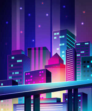 Futuristic city. Night cityscape. Future town. Automobile bridge and downtown skyscrapers. Glowing neon buildings. Urban architecture. Cyberpunk skyline. Modern street. Vector landscape background