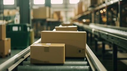 Factory Conveyor Belt with Cardboard Boxes