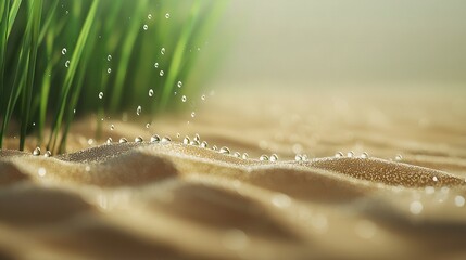   A close-up of a grass sprout in the sand with water droplets on top