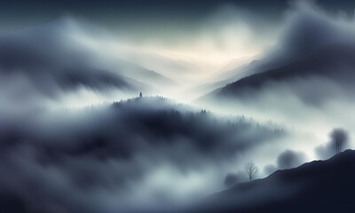 Naklejka premium Foggy Mist in a dense, gray overlay on a dark landscape