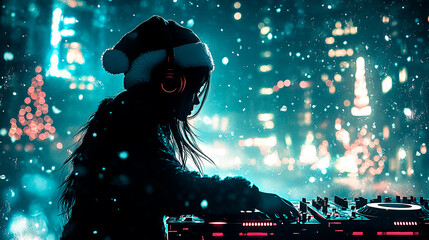Silhouette of a Female DJ in a Santa Hat Performing at a Festive Outdoor Event with Snowfall