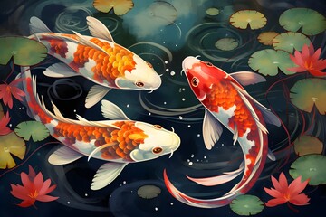 Colorful koi fish gracefully swim in a tranquil