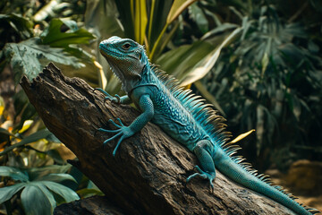 A beautiful turquoise lizard sits on a tree trunk in a tropical forest