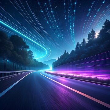 A futuristic highway illuminated with vibrant neon lights in blue and purple, featuring a sleek, modern car speeding through a tech-inspired cityscape under a starry sky.