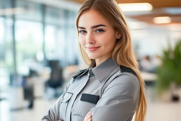 Female security guard confidently standing in a professional office setting, symbolizing trust, reliability, and authority.