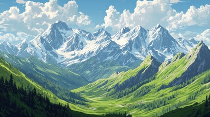 Obraz premium A vast mountain range with snow-capped peaks, viewed from a green valley below