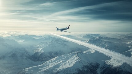 Fototapeta premium A wide shot of an airplane flying over snowy mountains, leaving a trail through the atmosphere