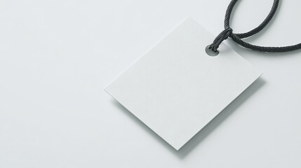 Close-up of a white blank clothing tag label on a white background, emphasizing the subtle details of the material and edges, ideal for a minimalist product display