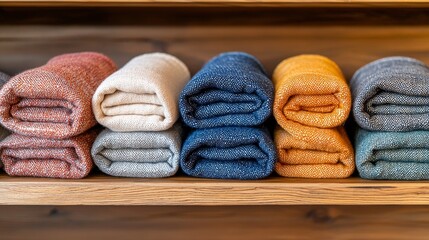 Softly Folded Towels in Various Colors on Wooden Shelving Unit