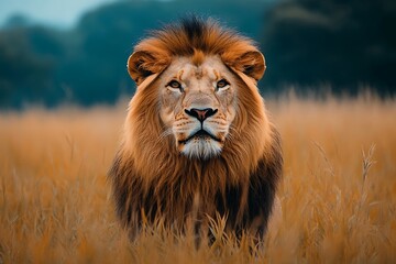 Majestic Lion Portrait in Golden Savanna Grass