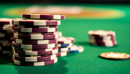 Naklejka premium Poker chips are neatly stacked on a green felt table, illuminated by the colorful lights of a casino, creating a vibrant and exciting atmosphere of gambling and risk.