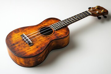 Fototapeta premium A sunburst-finished ukulele lies on a white background.