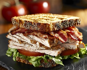 A classic club sandwich with turkey, bacon, lettuce, and tomato.
