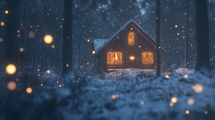 Fototapeta premium Cozy cabin in the woods with glowing lights and snow gently falling