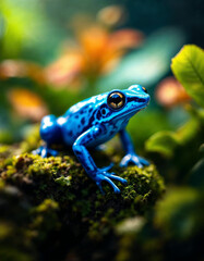 Vibrant Female Blue Poison Dart Frog in Rainforest Habitat