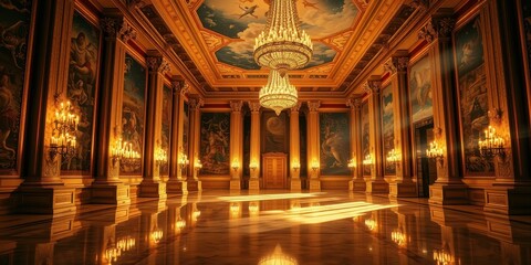 Obraz premium A grand ballroom bathed in the warm glow of candlelight, illuminated by intricate chandeliers and adorned with elaborate murals depicting scenes of mythology and grandeur.