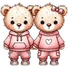 Obraz premium Cute illustration of two teddy bears hugging, dressed in pink outfits, surrounded by hearts, symbolizing love and friendship.