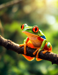 Playful Red-Eyed Tree Frog Perched on Twig Staring at Shiny Object in Rainforest
