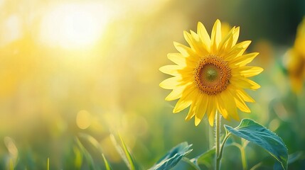 Obraz premium A sunflower's face is illuminated by the sun, as it stands tall in a field surrounded by greenery