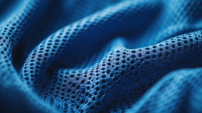 Detailed close-up of a blue football jersey fabric, focusing on the texture and patterns, including mesh areas and the vibrant color, emphasizing the athletic design and performance qualities