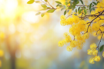 Obraz premium A branch of golden wattle with yellow flowers, a mimosa tree, on a blurred background of a spring park in sunlight