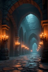 Fototapeta premium Hall in the dungeon of the gnomes, gothic setting with candles