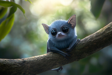 Fototapeta premium A close-up portrait of a cute blue bat hanging upside down on a tree branch in a jungle