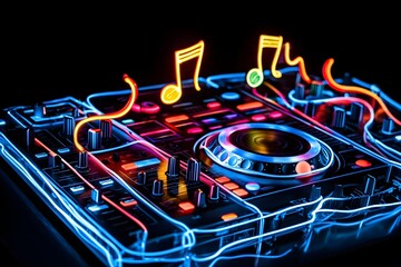 Fototapeta premium Neon DJ booth with music note light trails isolated on black background.