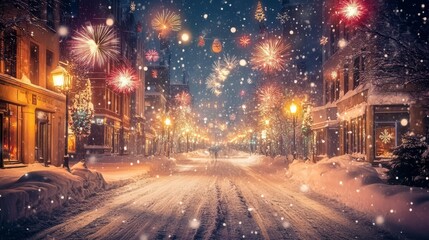 Festive New Year's Eve fireworks over a city skyline with snow gently falling