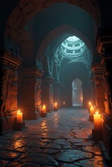 Fototapeta premium Hall in the dungeon of the gnomes, gothic setting with candles