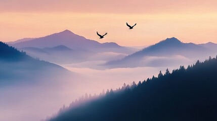 Naklejka premium A few birds soaring above a hazy mountain range, with a pastel sky in the background