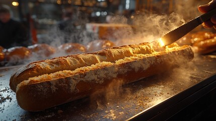 Freshly baked baguette sliced with steam rising in a cozy bakery setting