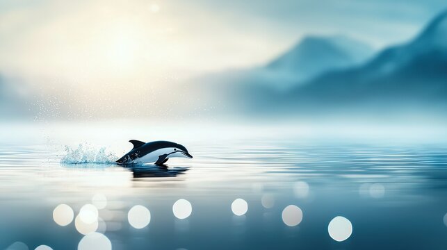  A dolphin jumping out of water in front of a mountain and a bubbly body