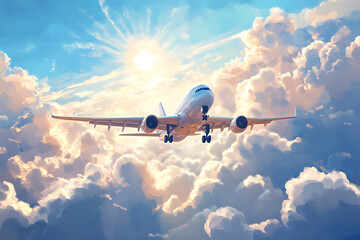 Fototapeta premium An airplane soaring through vibrant clouds under a bright sun.