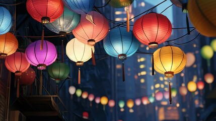   A colorful group of lanterns dangles from a building's ceiling, framed by towering skyscrapers at night