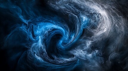 A dynamic swirl of vibrant indigo and charcoal hues blending seamlessly with a misty texture, evoking a sense of energy and depth, set against a smoky black.