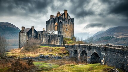 Eilean Donan Castle, Scotland under a dramatic sky.