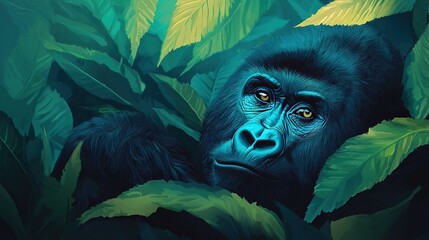 Obraz premium A painting of a gorilla peering from tree leaves under blue light illumination