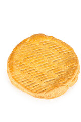 A traditional epiphany cake, French galette des rois with frangipane on a white background 