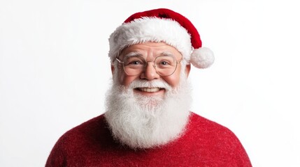 Santa Claus wearing a red sweater and hat with glasses smiling happily in a festive atmosphere.A jolly figure dressed as Santa Claus stands against a plain background, showcasing his fluffy white