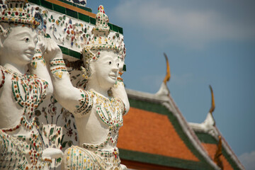Close up detail of the Wat Arun ( Temple of Dawn ), one of the many temples in Bangkok. An ancient temple built in the Ayutthaya period