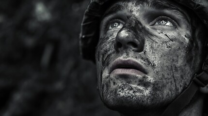 Obraz premium Soldier with camouflaged face gazing upwards in a forested environment during a military training exercise at dusk.A soldier, marked by mud and camouflage paint on his face, looks up with a focused