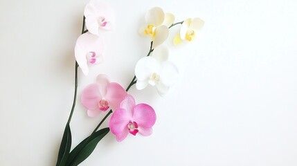 Fototapeta premium Three pink and white orchids on a white background with a green stem on the right side of the picture