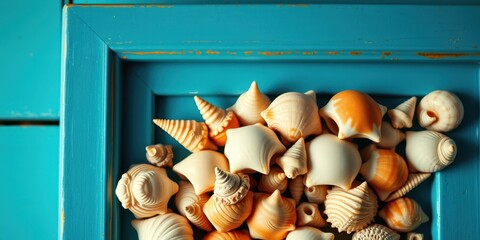 A collection of seashells nestled in a teal blue frame, their intricate patterns and textures whispering tales of the ocean's embrace.