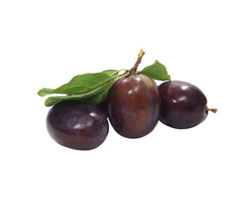 Fresh purple plums with green leaves on transparent background