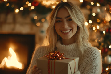 A happy blonde woman with a gift box in her hands, standing near a fireplace and Christmas tree